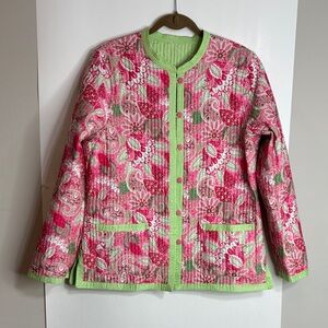 Appleseed's Bright Pink and Green Quilted Floral Jacket Reversible Size L